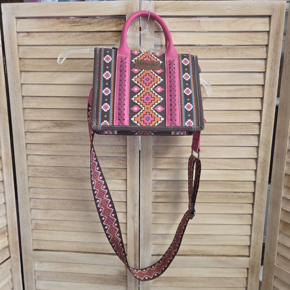 Wrangler Southwestern Aztec Canvas Tote Bag Crossbody Pink Brown Purse Cowgirl - Picture 2 of 6